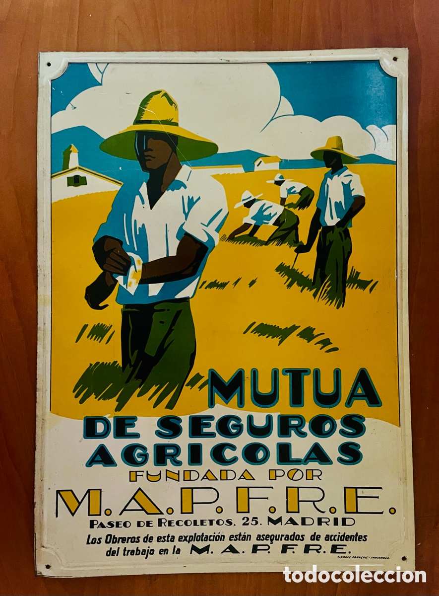Carteles: CHAPA MUTUA DE SEGUROS AGR&Iacute;COLAS MAPFRE, (MEDIDAS 35X25 CM), ESPECTACULAR!!!