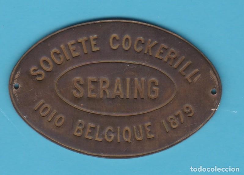 Carteles: SOCIETE COCKERILL SERAING. BELGIQUE. N&ordm; 1010. 1879. CHAPA METAL FERROCARRIL