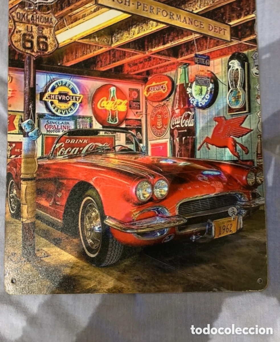 Affiches: Chapa met&aacute;lica vintage Ruta 66 con coche cl&aacute;sico &ndash; decoraci&oacute;n retro 30x20 cm
