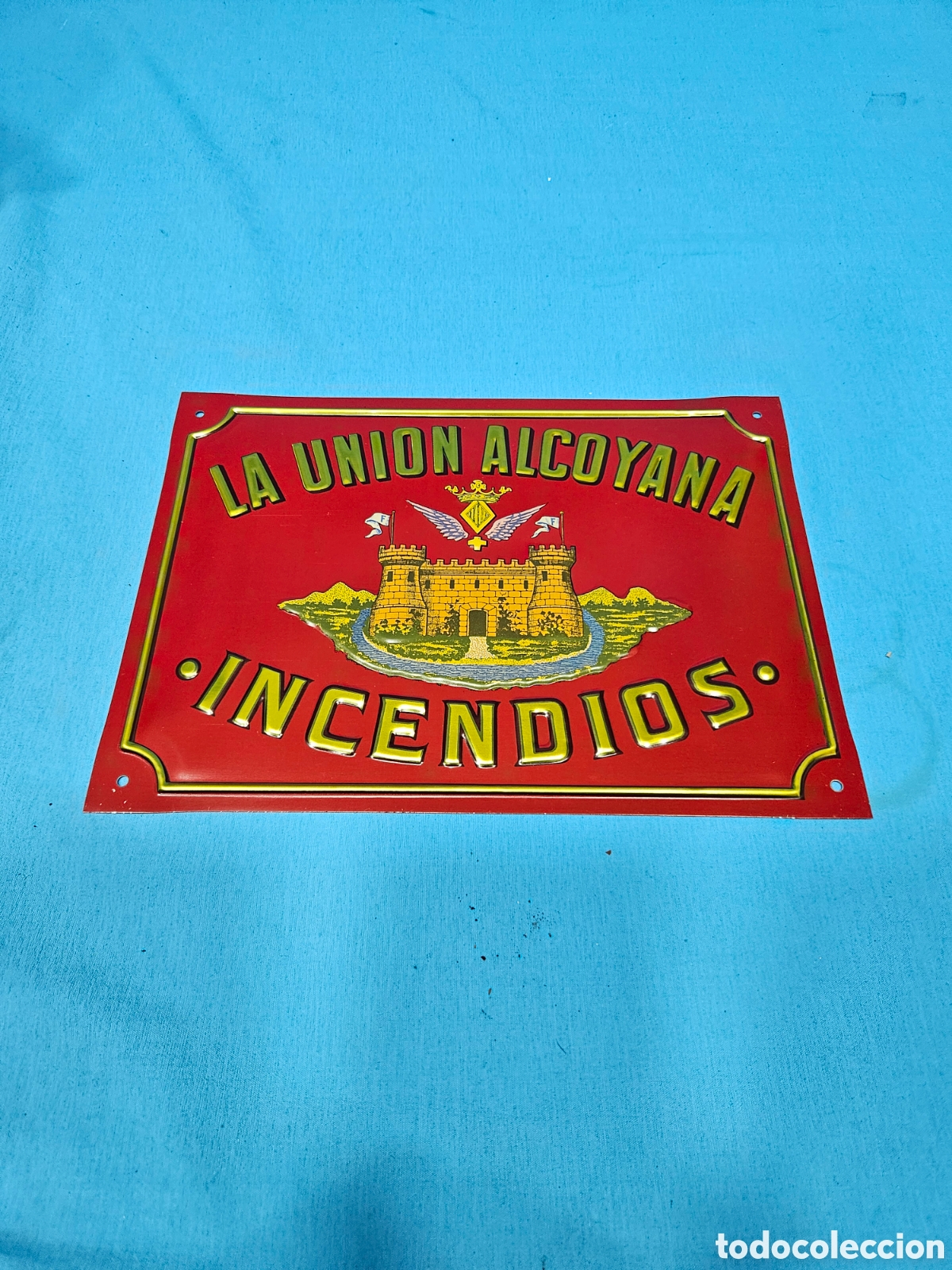 Carteles: PLACA METALICA EN RELIEVE PUBLICIDAD. LA UNION ALCOYANA INCENDIOS