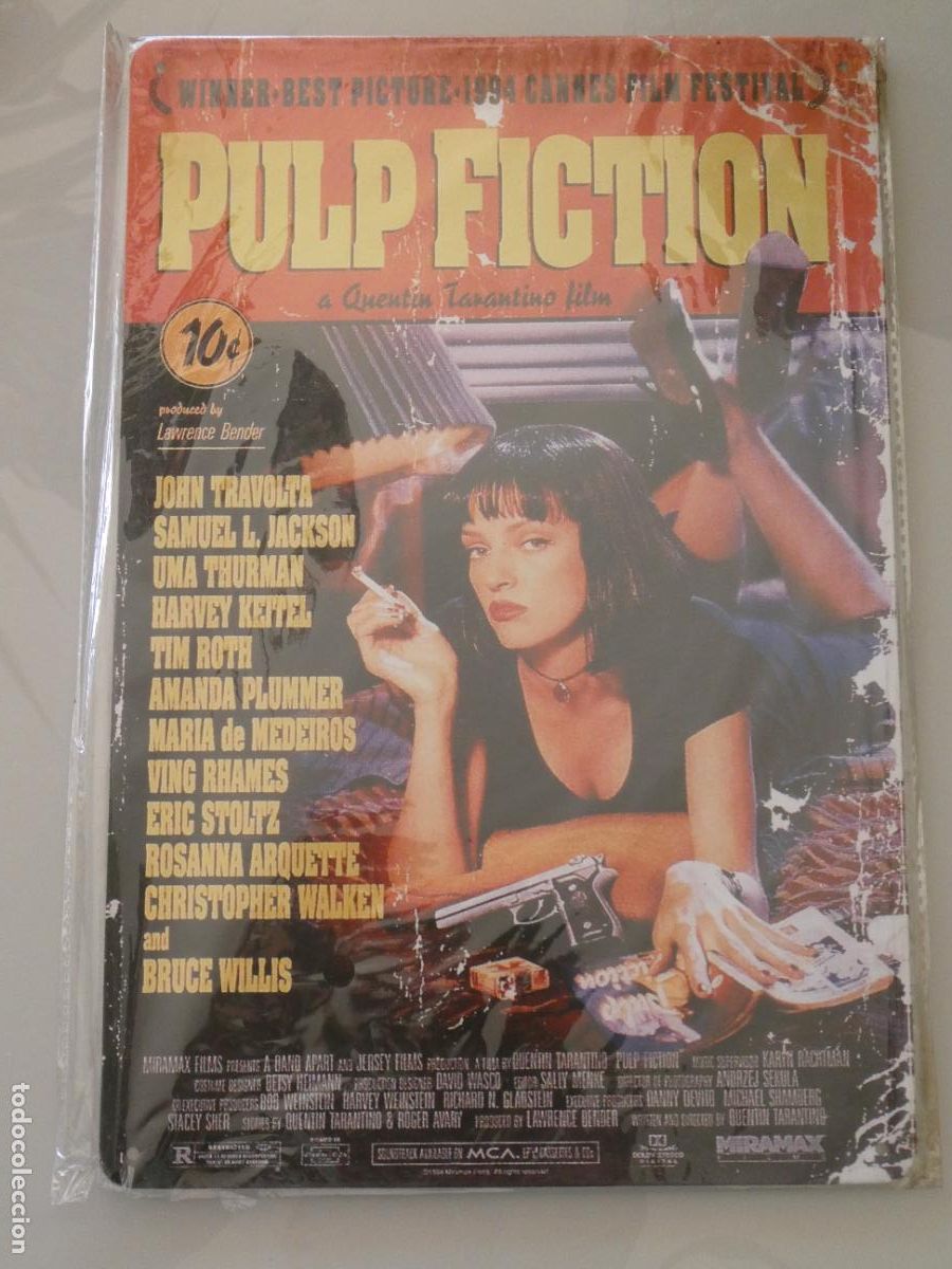 Carteles: CHAPA CARTEL MET&Aacute;LICO. PUBLICIDAD PEL&Iacute;CULA PULP FICTION UMA THURMAN. 30X20CM. 140GR