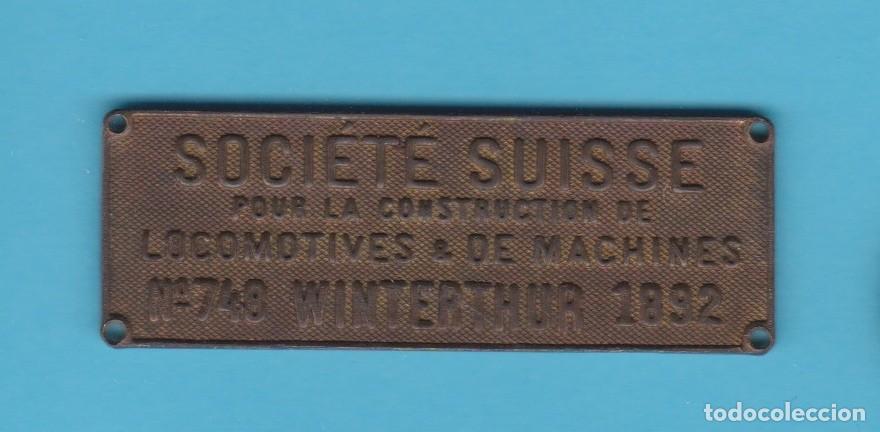 Carteles: S. SUISSE POUR LA CONSTRUCTION DE LOCOMOTIVES ET MACHINES WINTERTHUR. N&ordm; 748. 1892. CHAPA METAL TREN