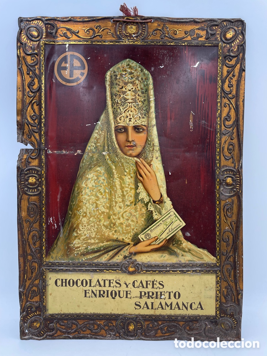 Carteles: Cartel publicitario antiguo de chapa. Chocolates y Caf&eacute;s Enrique Prieto. Salamanca.