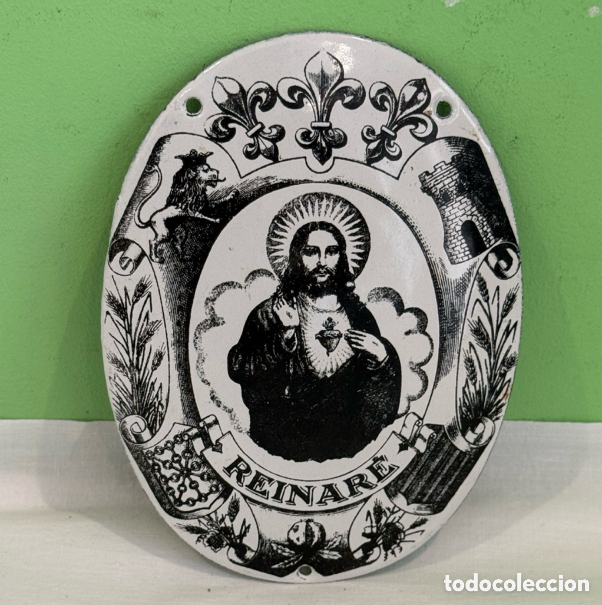 Carteles: Placa puerta Sagrado Coraz&oacute;n de Jes&uacute;s metal esmaltado antigua marca Blanco