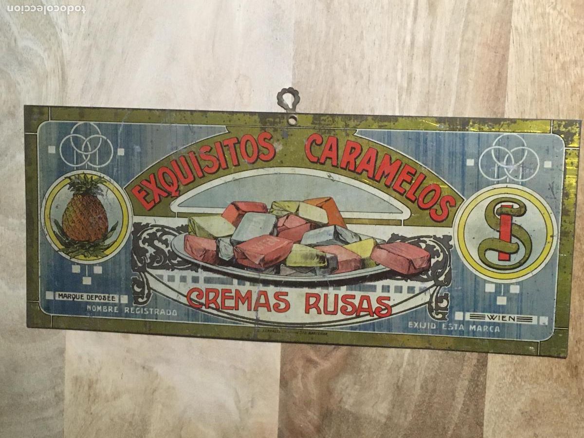 Affissi: exquisitos caramelos cremas rusas cartel metalico litografiado chapa original antigua
