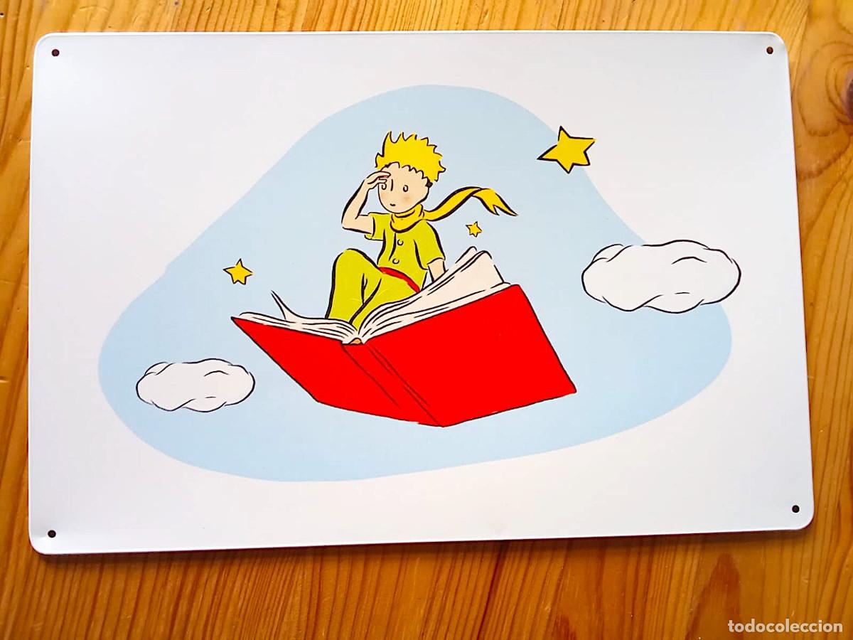 Carteles: Cartel met&aacute;lico El Principito volando en libro