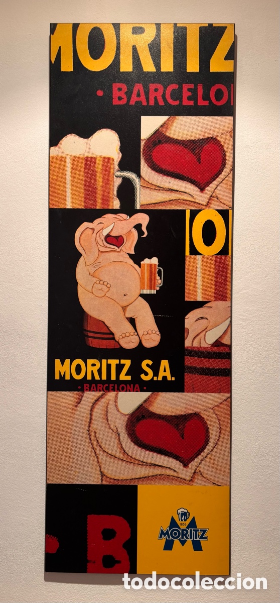 Carteles: Cartel publicitario ORIGINAL Cerveza Moritz Barcelona 89x30 cm - Elefante Vintage