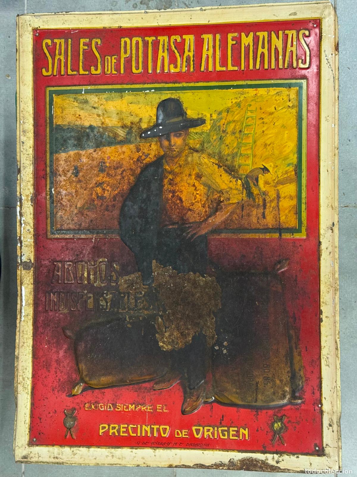 Carteles: SALES DE POTASA ALEMANAS - ABONO - CHAPA ANTIGUA ORIGINAL - G DE ANDREIS , BADALONA - VER FOTOS