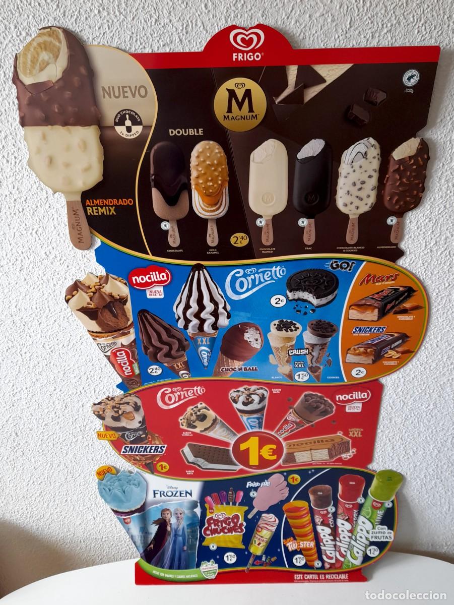 Carteles: Gran cartel PVC pl&aacute;stico Helados Frigo Frozen Corneto Magnum Calipo 99x58 cm.