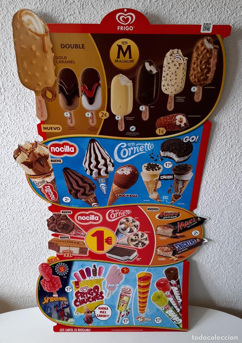 Carteles: Gran cartel PVC pl&aacute;stico Helados Frigo Spiderman Magnum Cornetto Nocilla 99x53 cm.