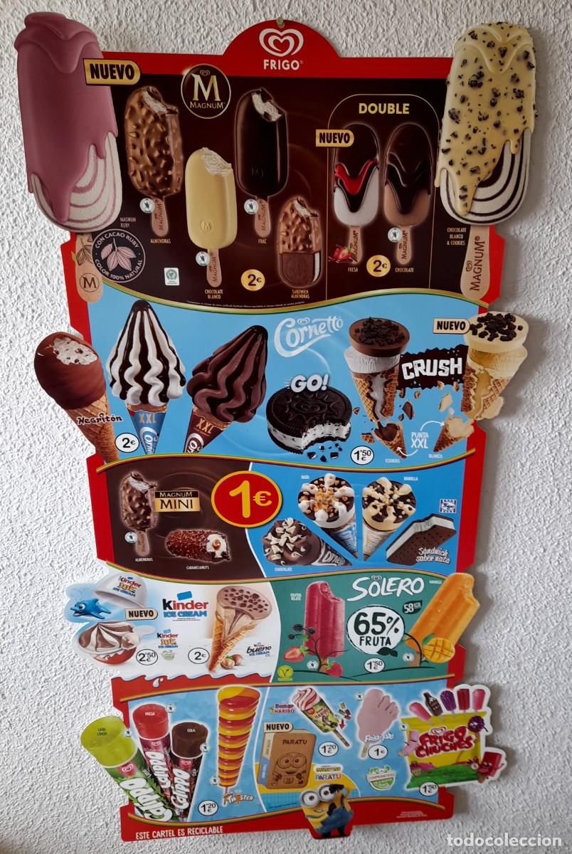 Carteles: Gran cartel PVC pl&aacute;stico Helados Frigo Minions Calipo Kinder Cornetto Magnum 101x54 cm.