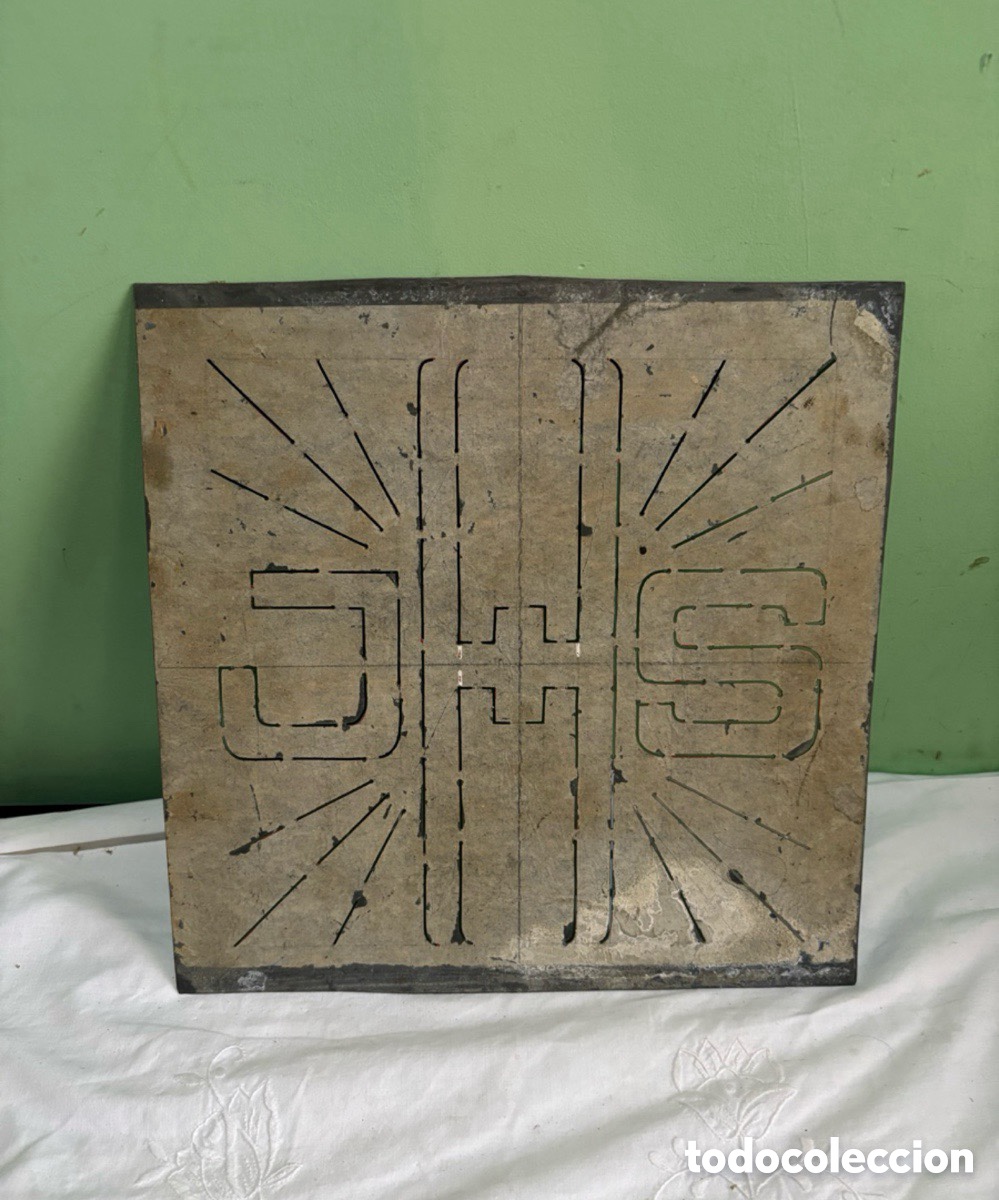 Plakate: ANTIGUA PLACA DE CHAPA MET&Aacute;LICA DE IMPRESI&Oacute;N CON GRABADO RELIGIOSO.