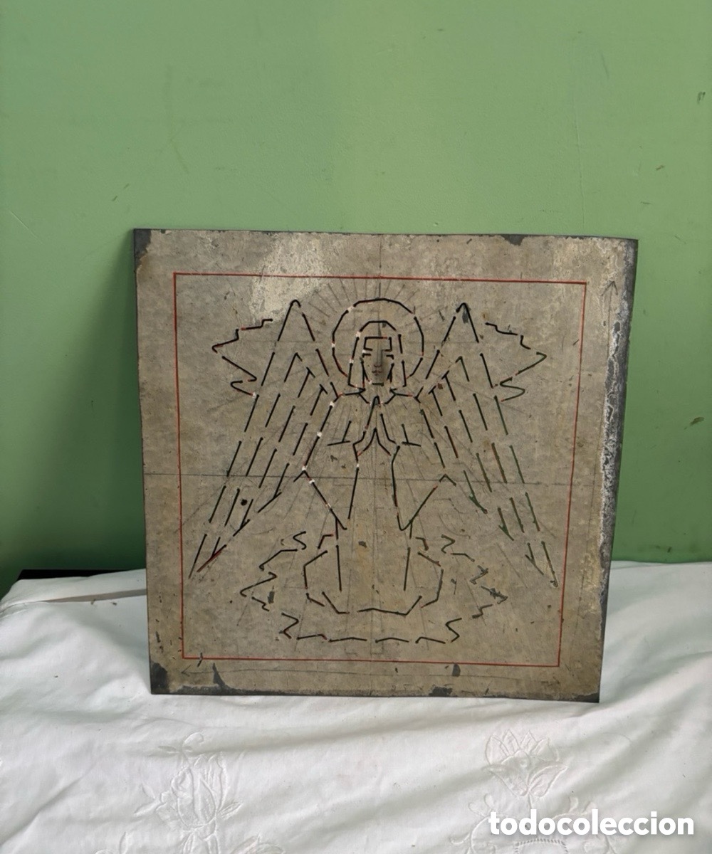 Plakate: ANTIGUA PLACA DE CHAPA MET&Aacute;LICA DE IMPRESI&Oacute;N CON GRABADO RELIGIOSO.