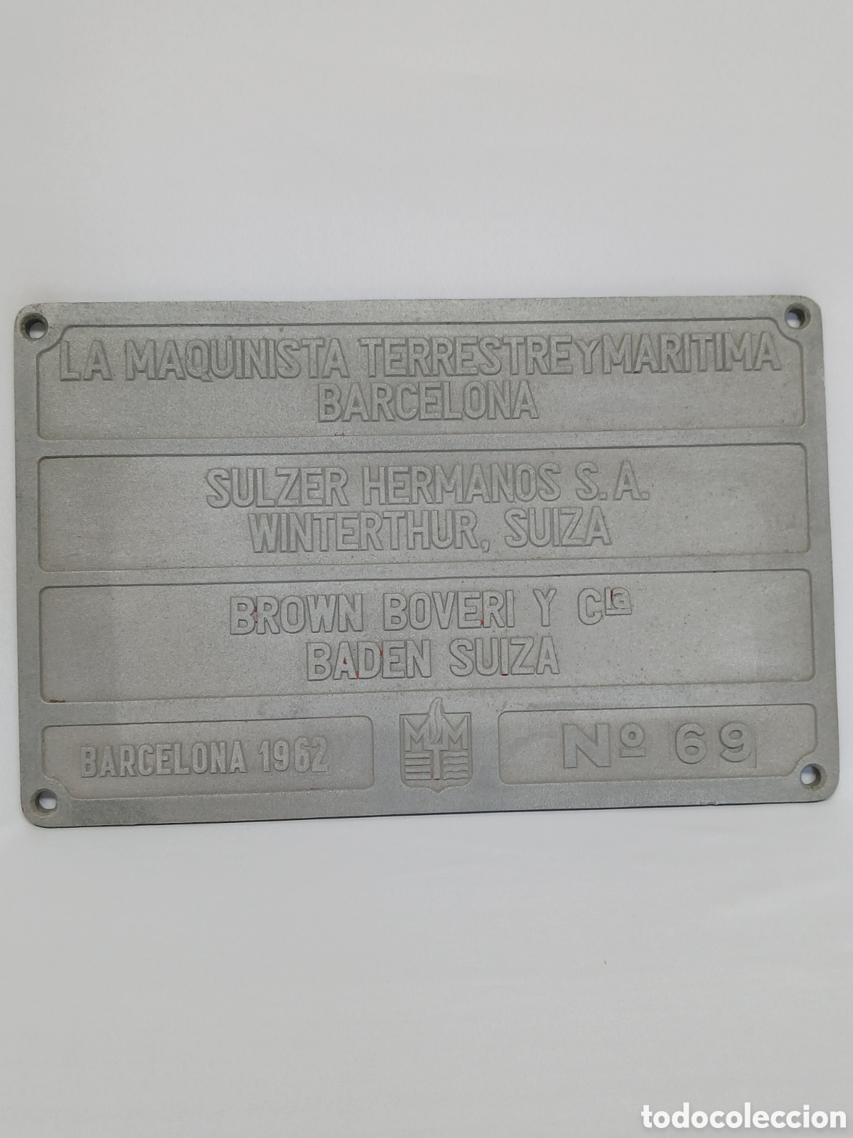 Posters: ORIGINAL PLACA DE LOCOMOTORA FABRICADA POR LA MAQUINISTA TERRESTRE BARCELONA 1962