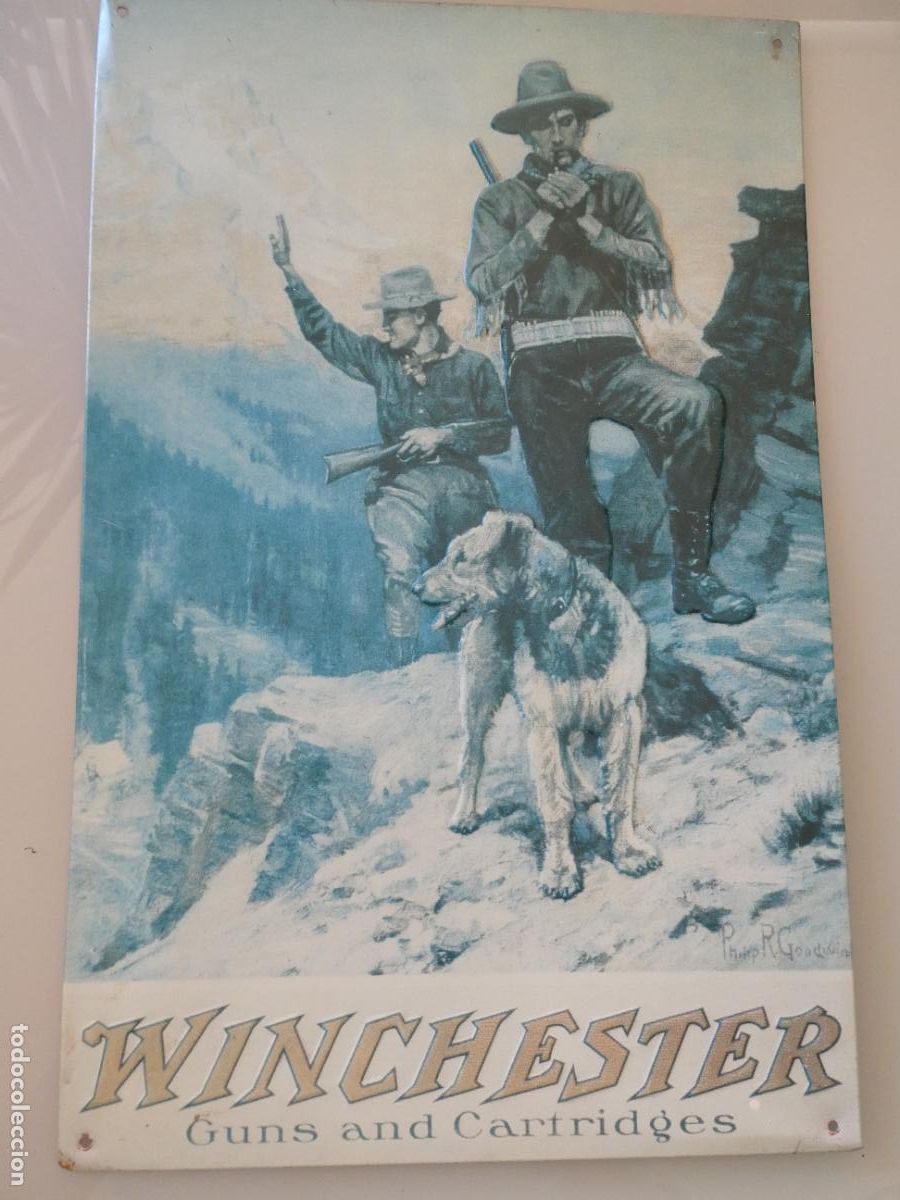 Carteles: CHAPA CARTEL MET&Aacute;LICO PUBLICIDAD RETRO ARMAS RIFLES CARTUCHOS WINCHESTER. PERRO . 41X26CM. 350GR