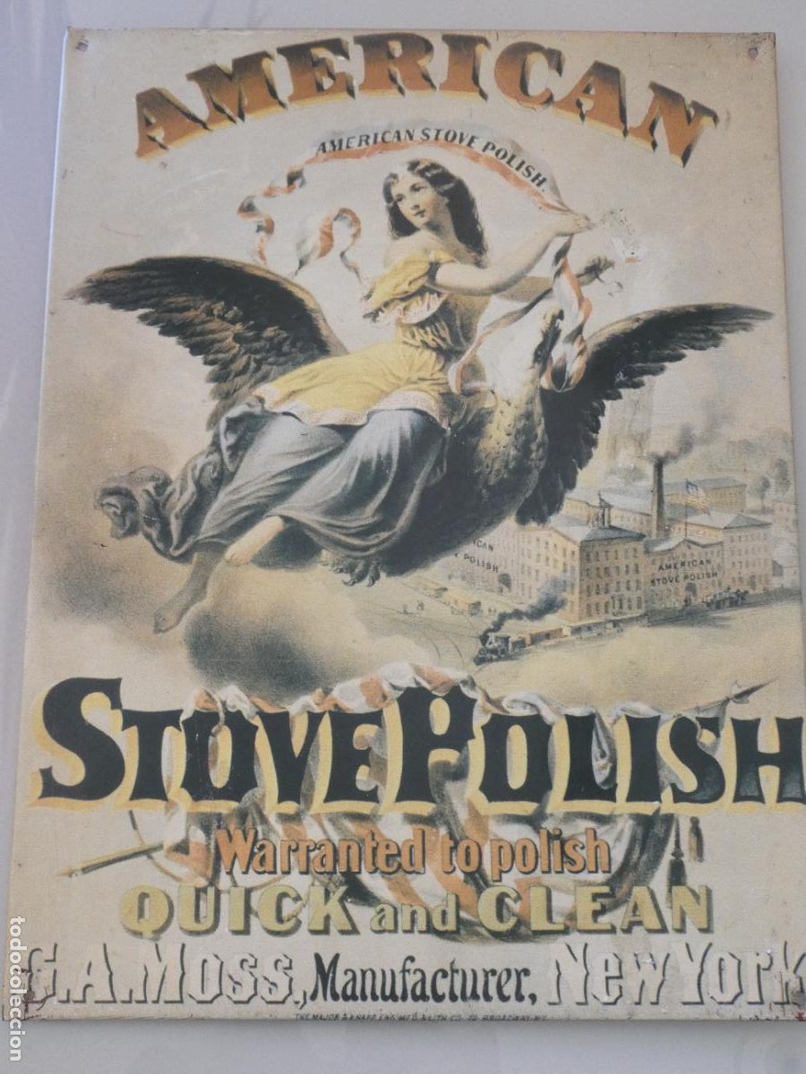 Carteles: CHAPA CARTEL MET&Aacute;LICO PUBLICIDAD RETRO AMERICAN STOVE POLISH LIMPIADOR CHIMENEAS . 41X30CM. 350GR