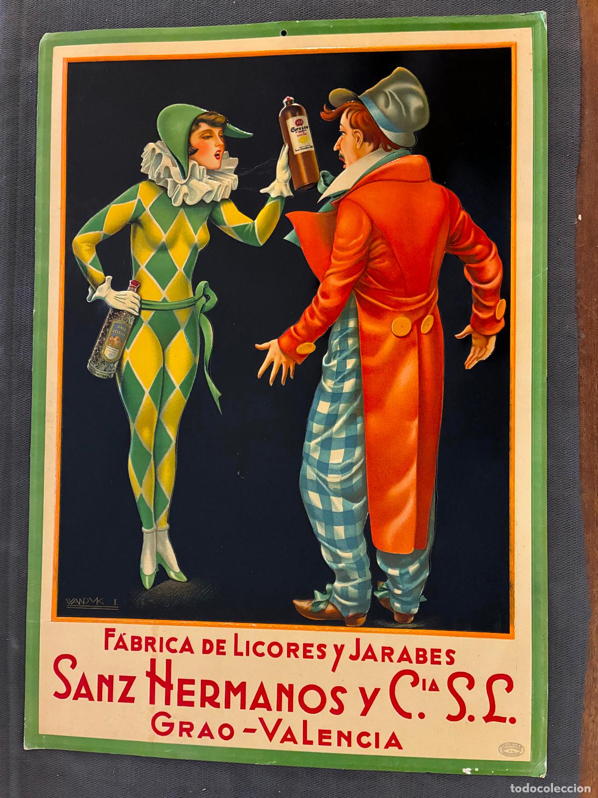 Carteles: Carton publicitario en relieve f&aacute;brica de licores y jarabes Sanz Hermanos y cia Grao Valencia 49x34