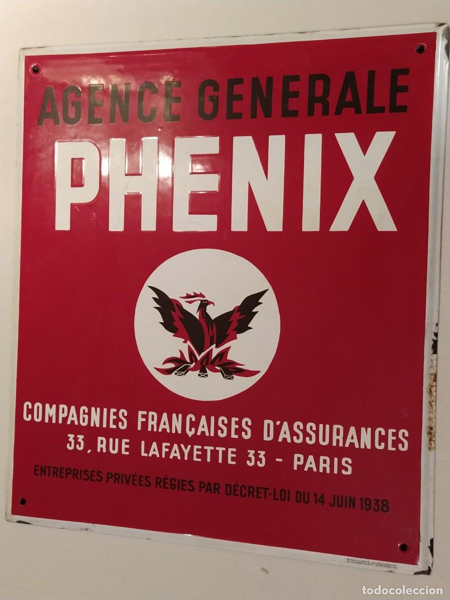 Carteles: PHENIX AGENCE GENERALE COMPAGNIES D'ASSURANCES FRAN&Ccedil;AISES- CHAPA ESMALTADA ANTIGUA ORIGINAL -SEGUROS