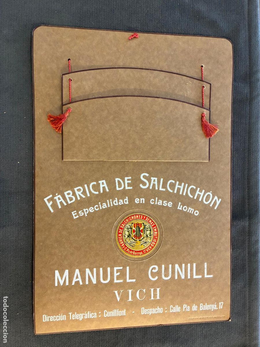 Carteles: Cartel carton relieve f&aacute;brica salchichones y demas embutidos Manuel Cunill Vich Barcelona 43x29 cm
