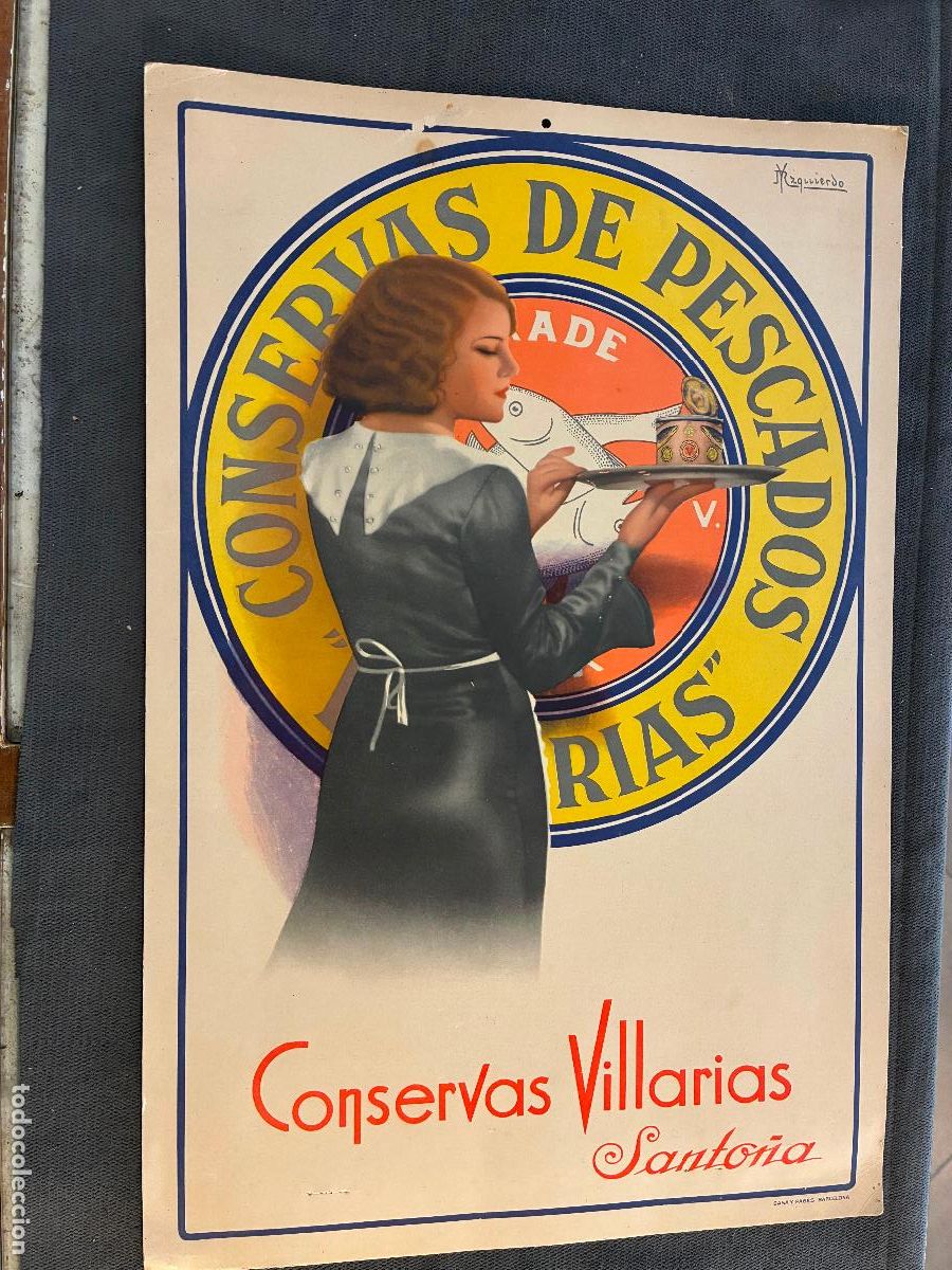 Carteles: Cartel carton conservas de pescados Villarias Santo&ntilde;a Cantabria mide 32 x 49 cm bien conservado