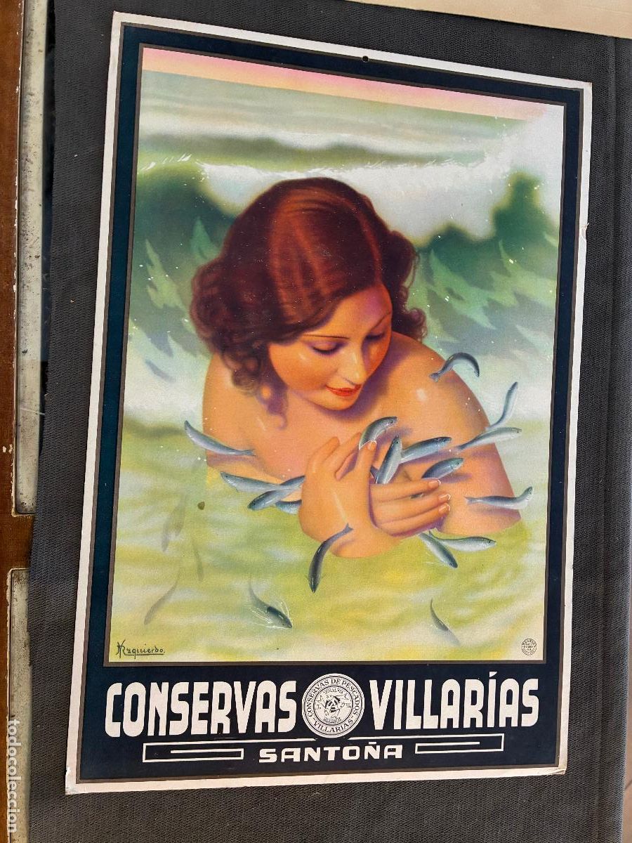 Carteles: Cartel carton conservas de pescados Villarias Santo&ntilde;a Cantabria mide 32 x 49 cm bien conservado