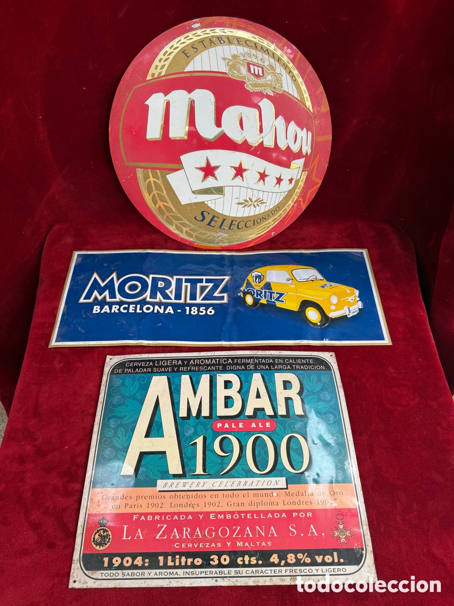 Carteles: Lote 3 carteles de chapa,Cerveza,Mahou,Moritz y Ambar!