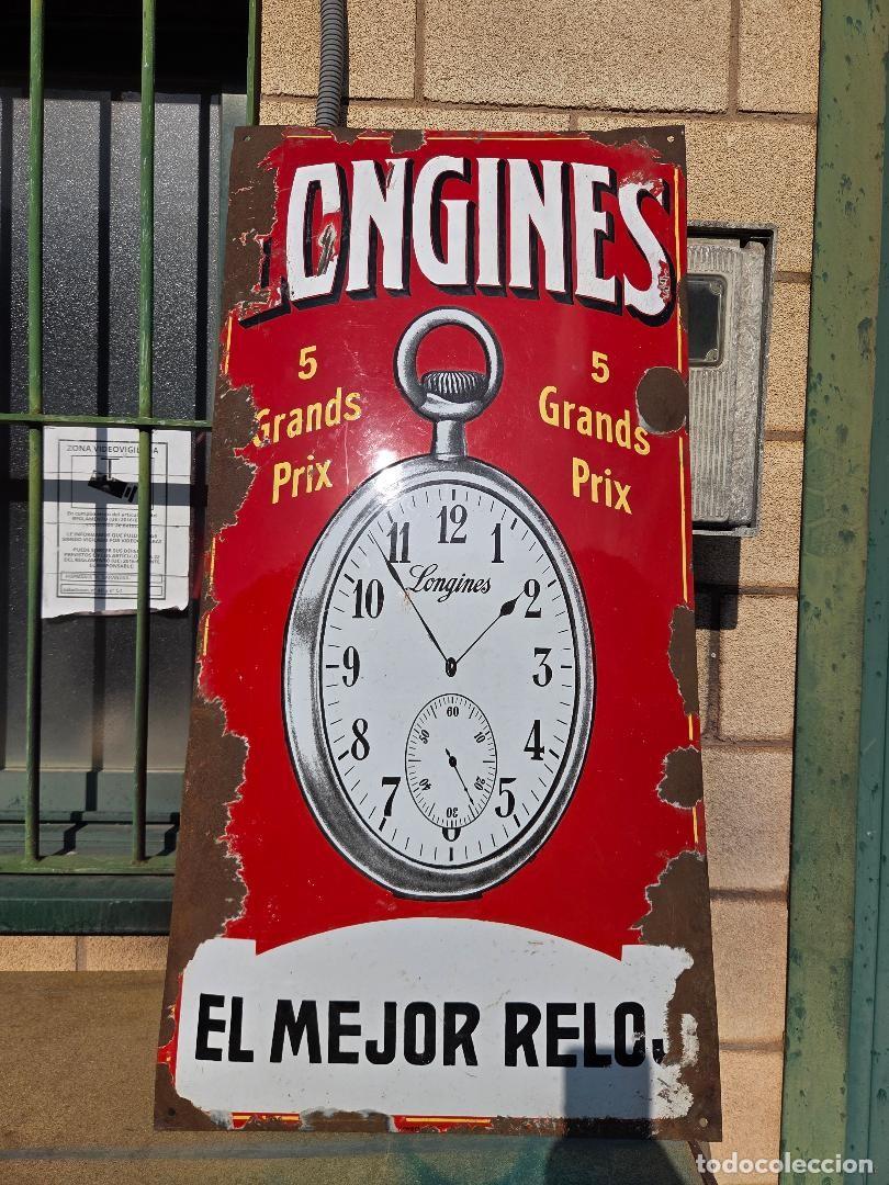 Carteles: Gran cartel publicitario antiguo esmaltado placa relojes de LONGINES ,ORIGINAL !!