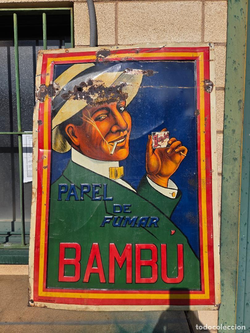 Carteles: DESCOMUNAL cartel de publicidad chapa litografiada papel de fumar BAMBU 102 x71