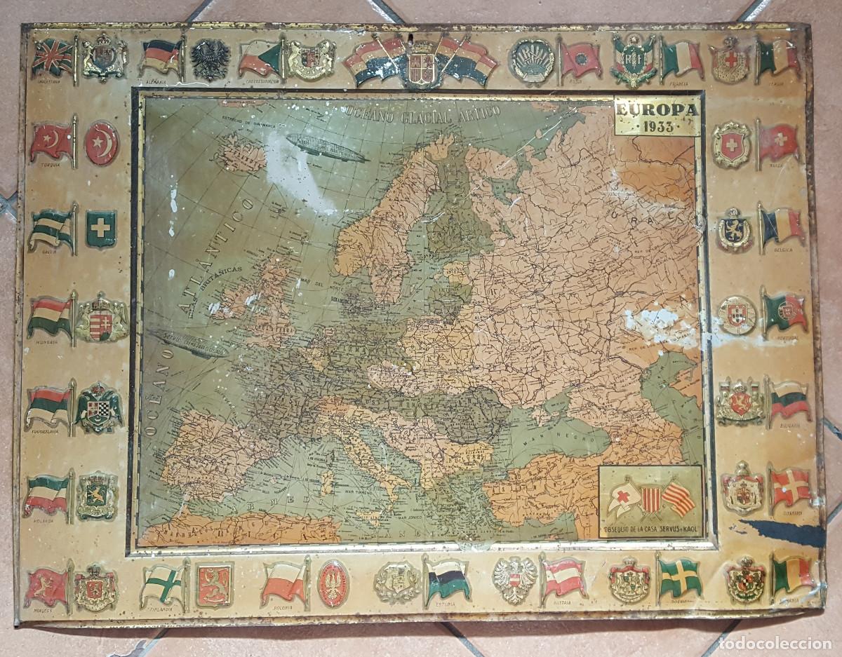 Carteles: CARTEL CHAPA SERIGRAFIADA MAPA DE EUROPA 1933, CASA SERVUS Y KOAL,65X60 CM,ESCUDO BANDERA REP&Uacute;BLICA.