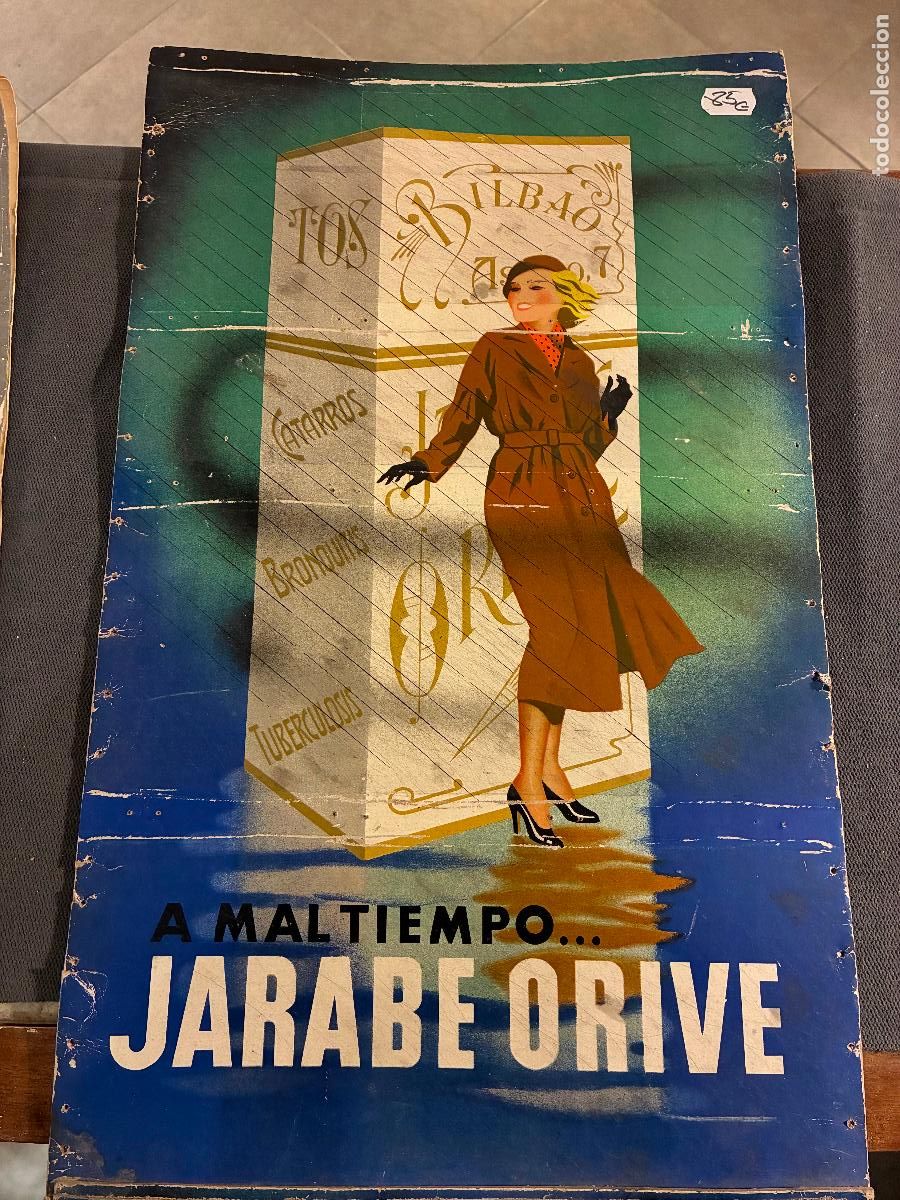 Carteles: Carton publicitario a mal tiempo Jarabe Salustiano Orive.Bilbao calle Ascao. Tos,catarros mide 31x53