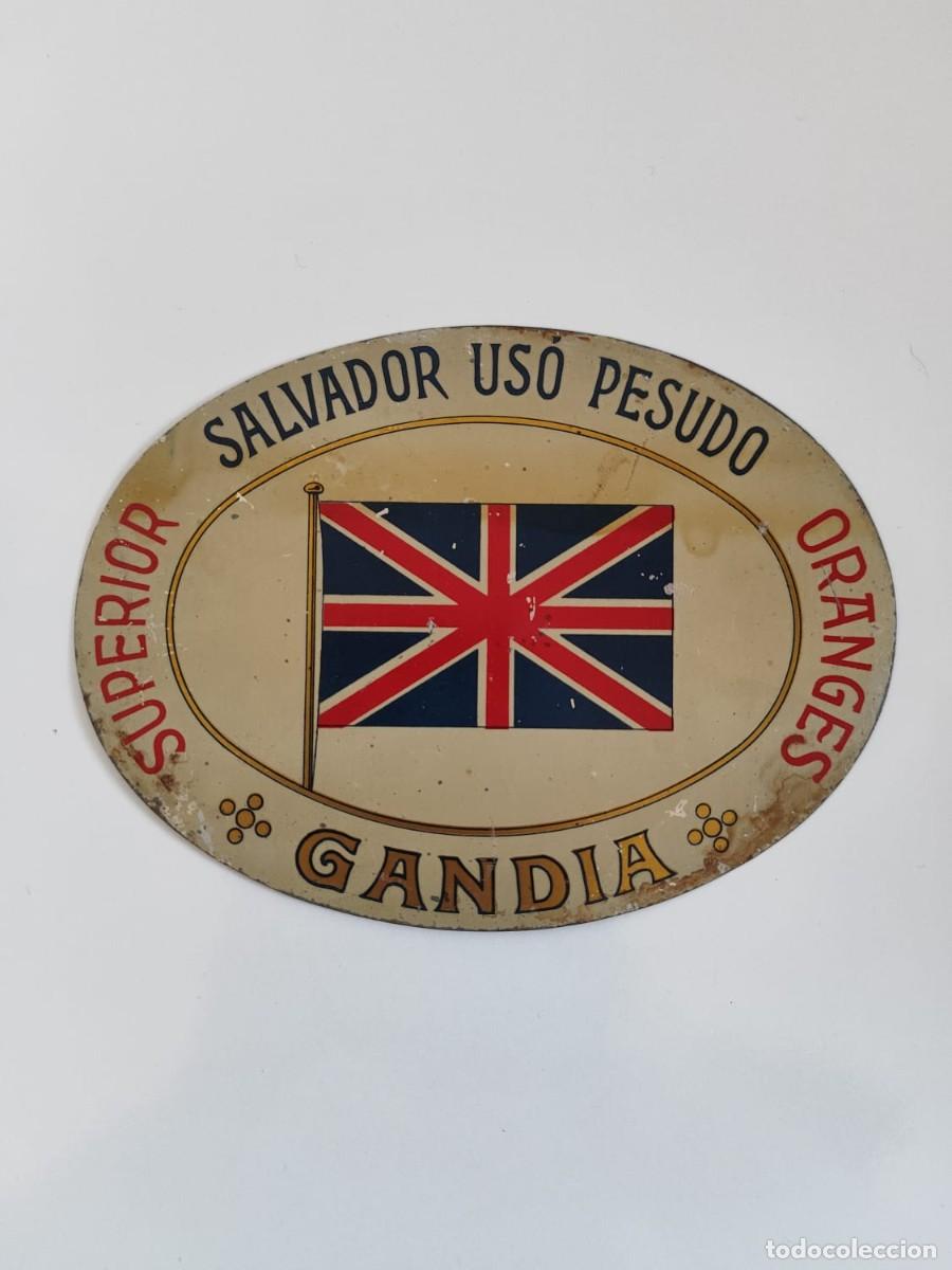 Carteles: Antigua Chapa Hojalata Naranjas Salvador Us&oacute; Pesudo - Gand&iacute;a