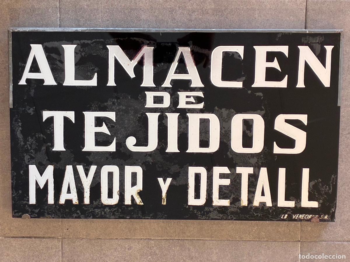 Carteles: Cartel, letrero antiguo almacen de tejidos mayor y detall cristal pintado La Veneciana 60 x 36 cm