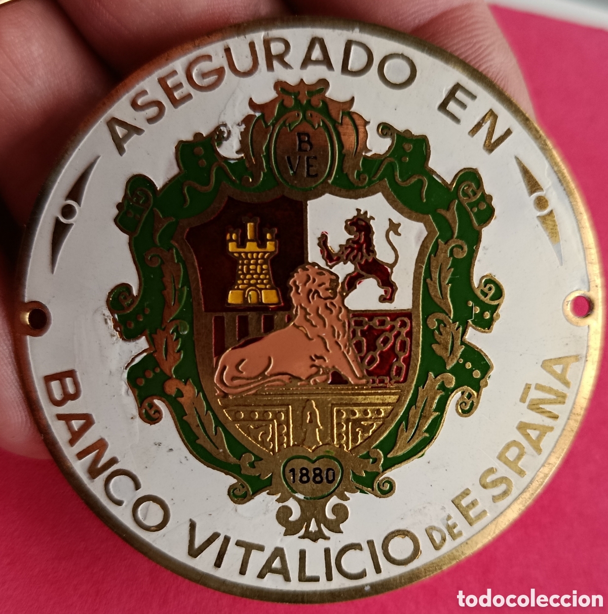 Carteles: ANTIGUA CHAPA PLACA CARTEL SEGUROS ASEGURADO EN BANCO VITALICIO DE ESPA&Ntilde;A