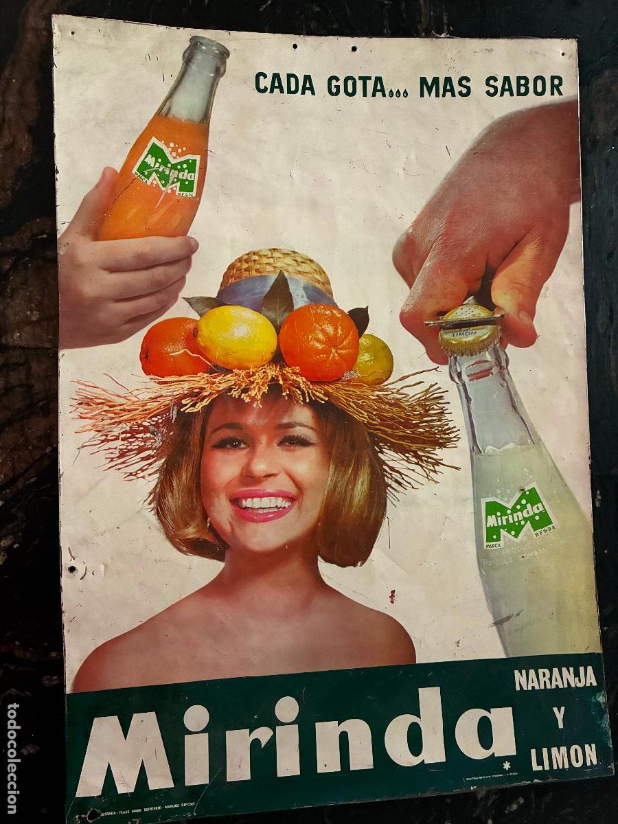 Carteles: Chapa litografiada Mirinda naranja lim&oacute;n Industrias met&aacute;licas vizca&iacute;nas a&ntilde;os 60/70 mide 49x35 fotos