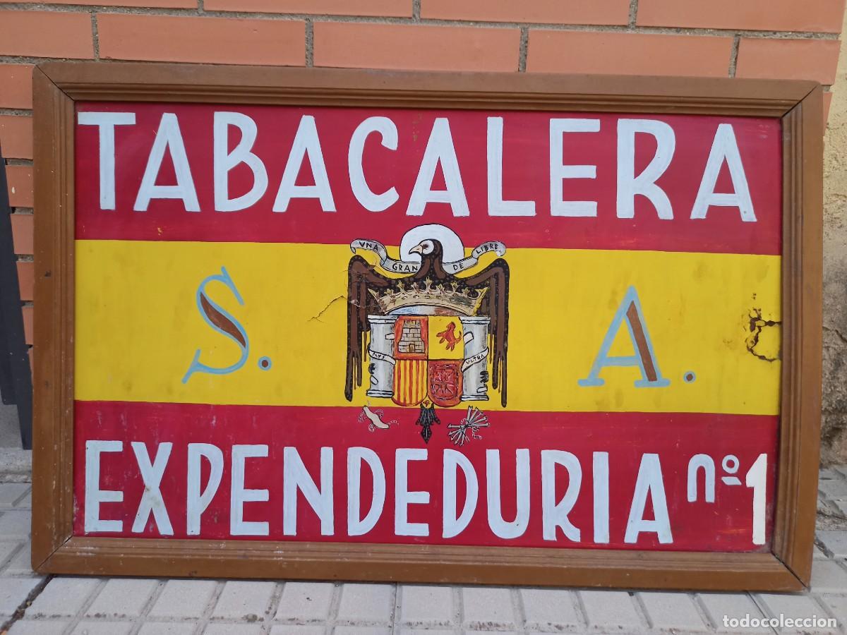 Carteles: Antiguo cartel tabacalera en madera, pintado a mano