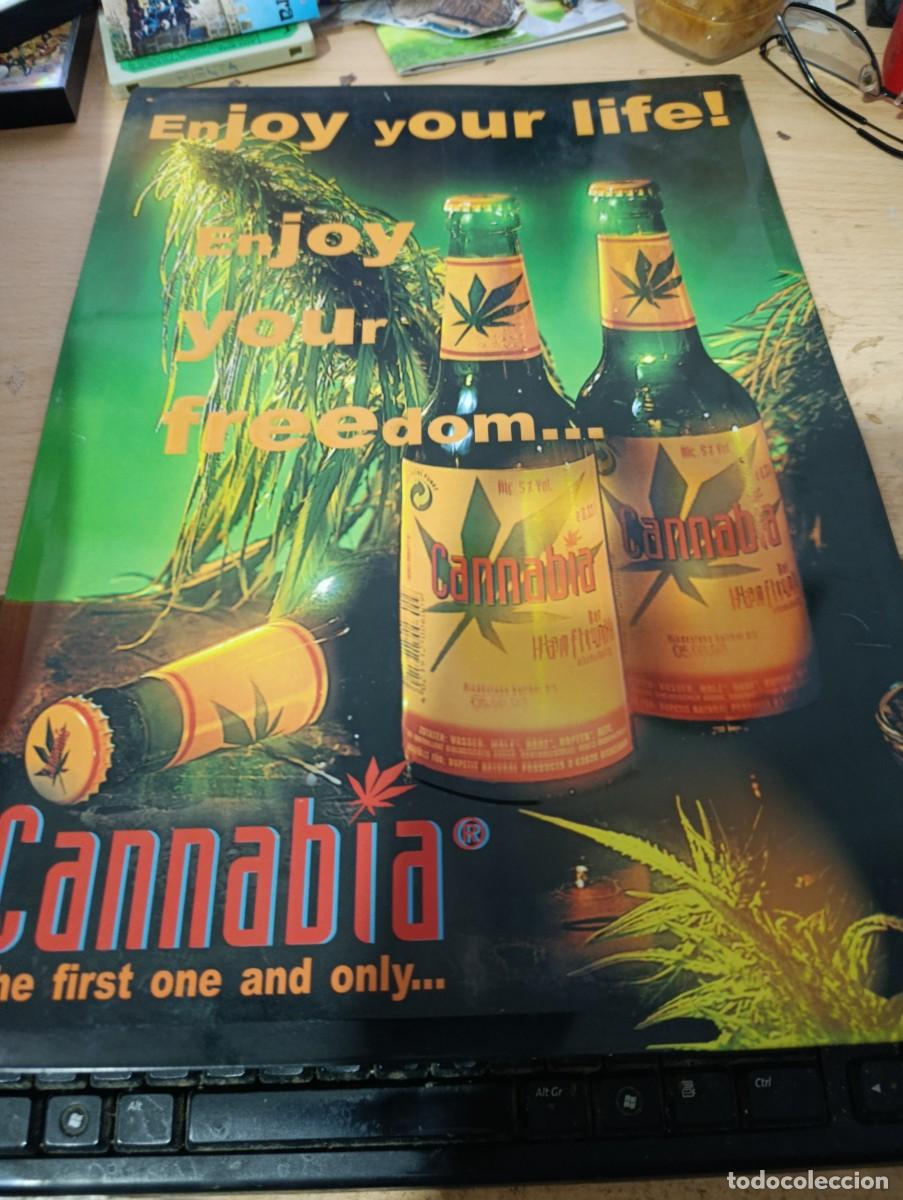 Carteles: CARTEL EN CHAPA. CERVEZA. CANNABIA. ENJOYYOUR LIFE. EST3B5R