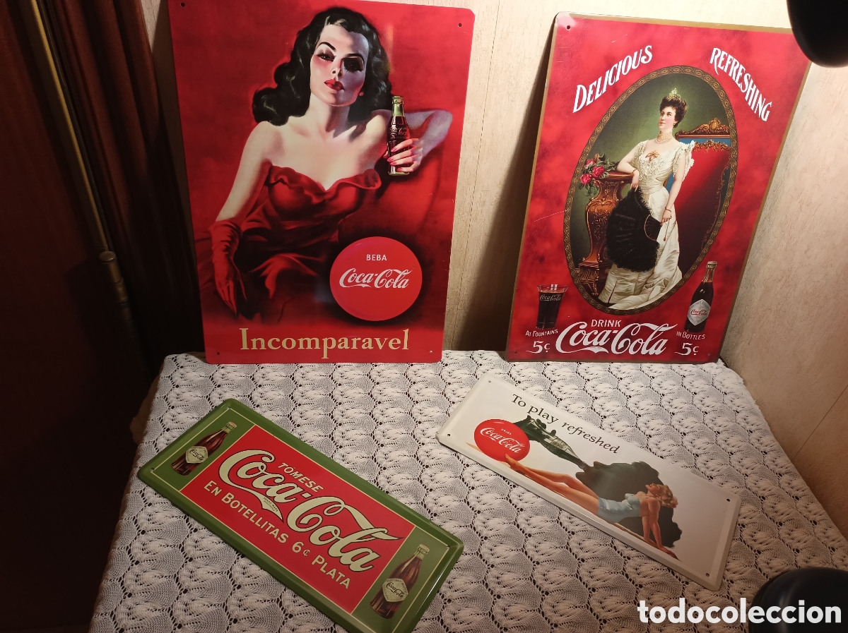 Carteles: 4 placas met&aacute;licas Coca-Colq