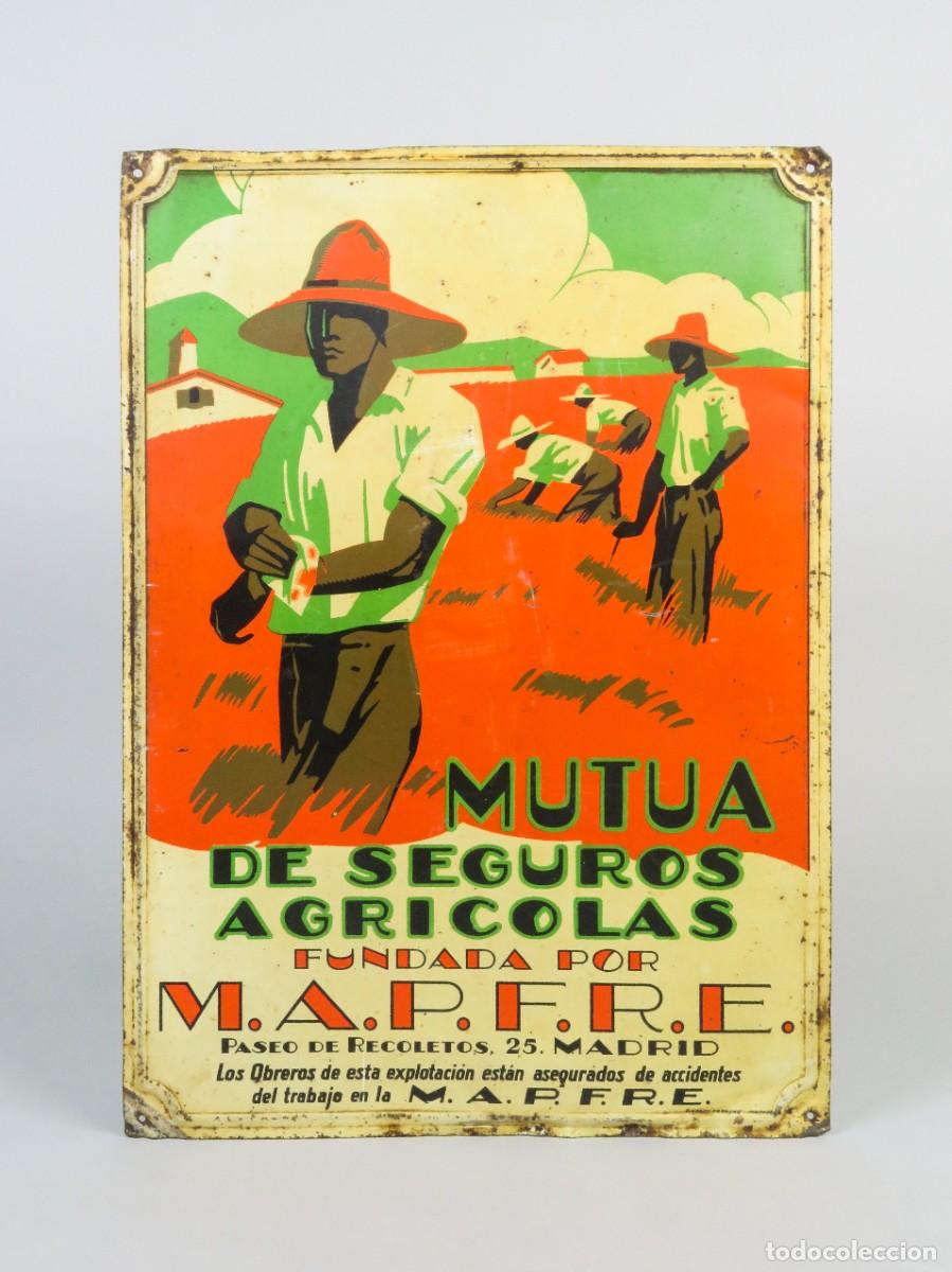 Carteles: Cartel publicitario chapa litografiada por Penagos compa&ntilde;&iacute;a MAPFRE mutua seguros agr&iacute;colas siglo XX