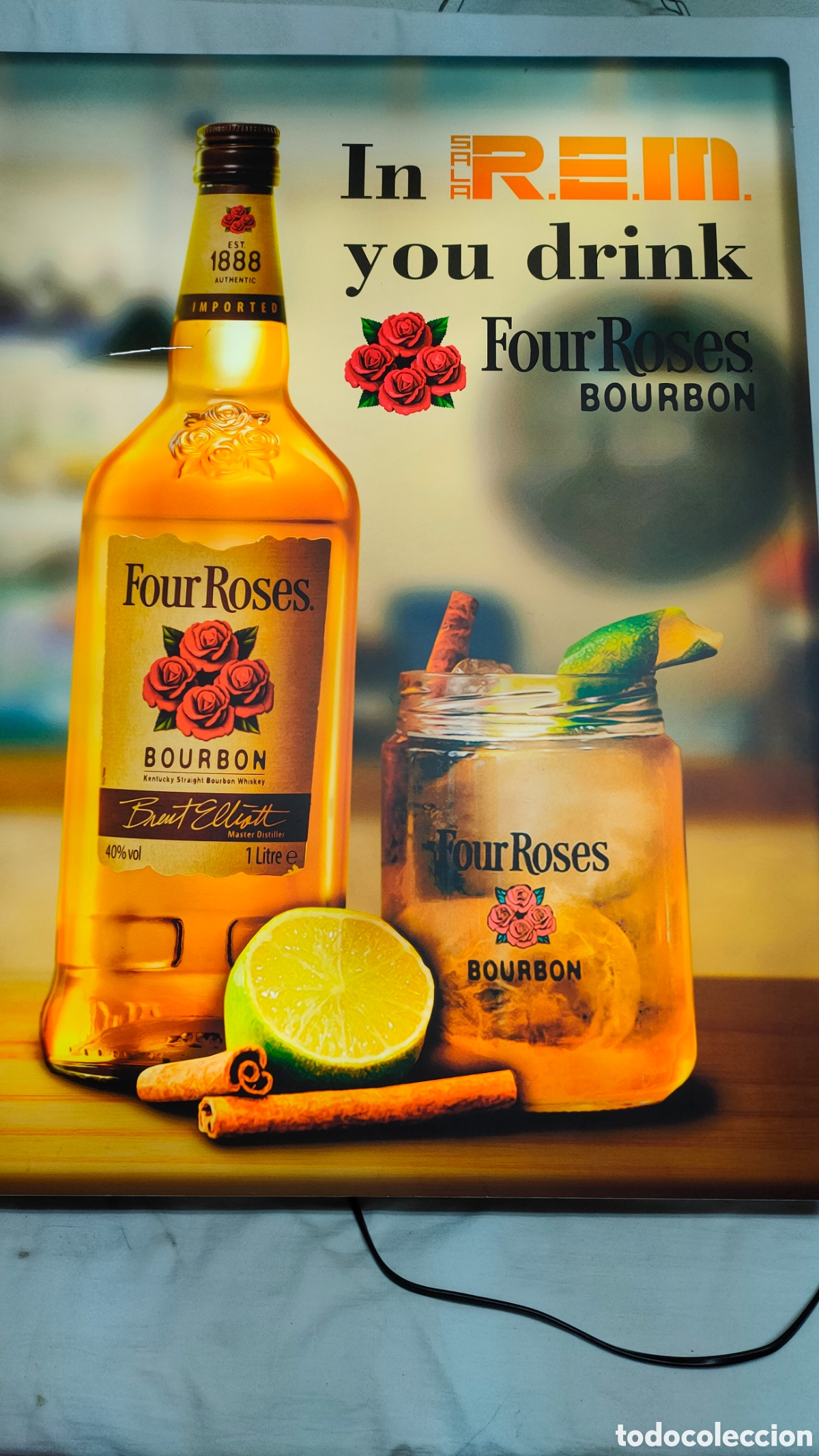 Carteles: LETRERO.CARTEL PUBLICITARIO LUMINOSO.BOURBON FOUR ROSES.METACRILATO.80X60 CM.UNICO EN TC