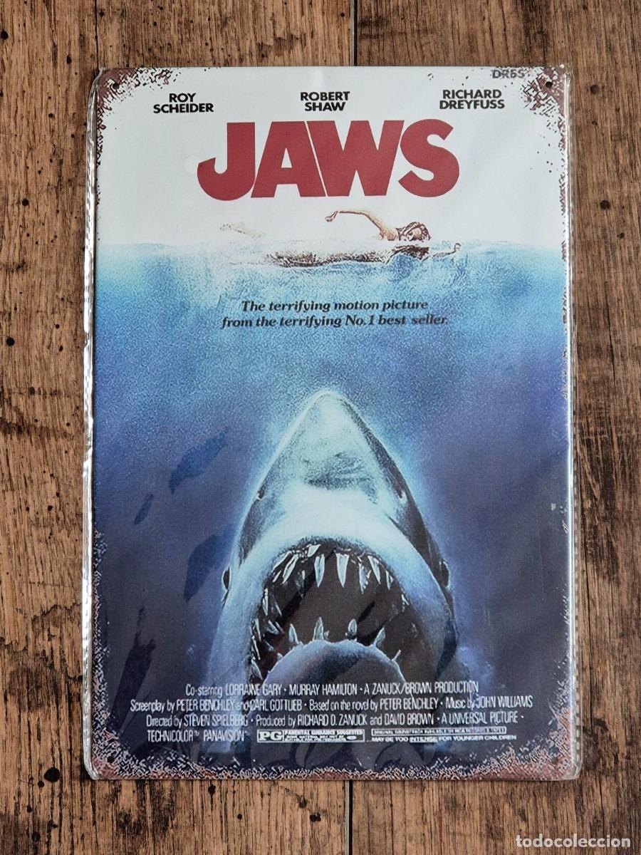Carteles: Tibur&oacute;n (Jaws) placa met&aacute;lica con el p&oacute;ster de la pel&iacute;cula de Steven Spielberg