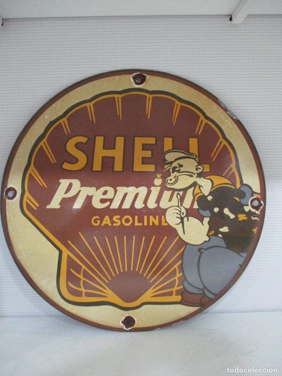 Carteles: Cartel publicitario de esmalte - Shell Premium Gasolina - Popeye - 30 cm