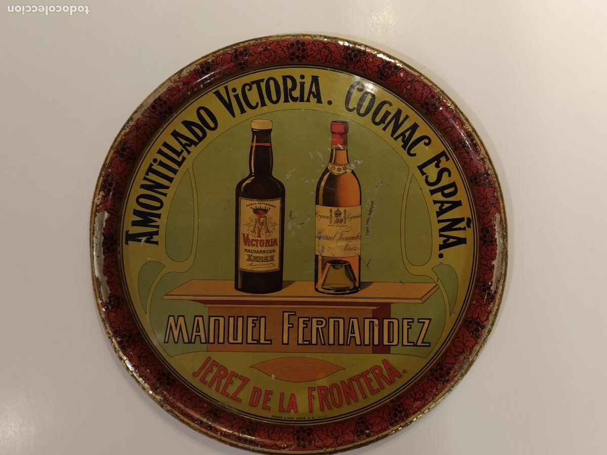 Carteles: JEREZ - MONTILLADO VICTORIA COGNAC MANUEL FERN&Aacute;NDEZ - CHAPA ANTIGUA ORIGINAL - VER FOTOS