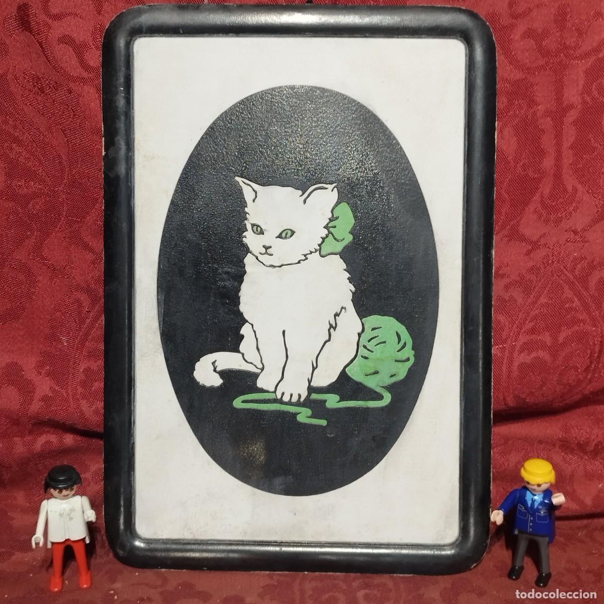 Carteles: CARTEL GATO BLANCO CON OVILLO VERDE - CARTON DURO -