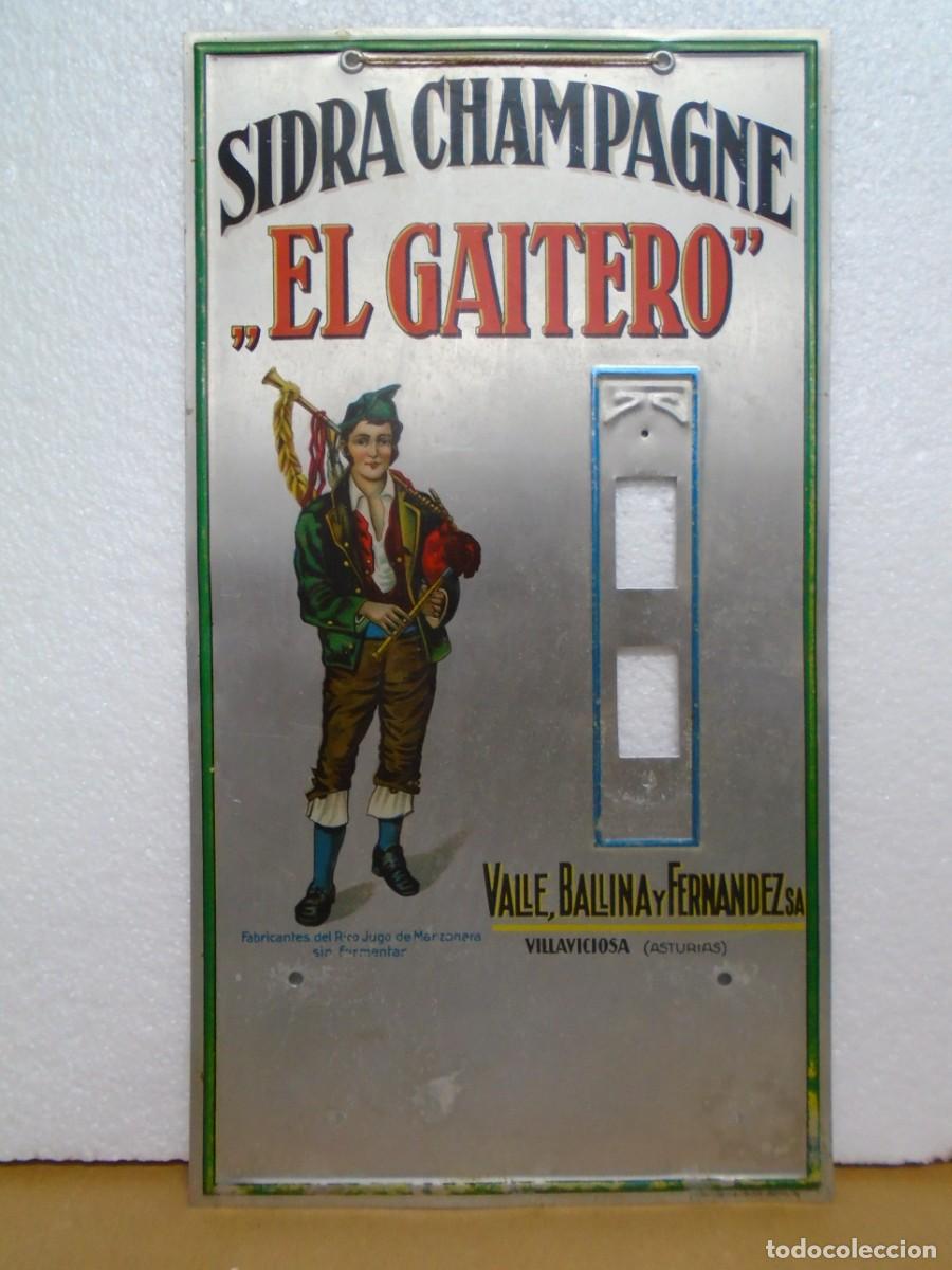 Carteles: SIDRA CHAMPAGNE&rdquo;EL GAITERO&rdquo;VILLAVICIOSA(ASTURIAS)ANTIGUO CARTEL CHAPA LITOGRAFIADA.