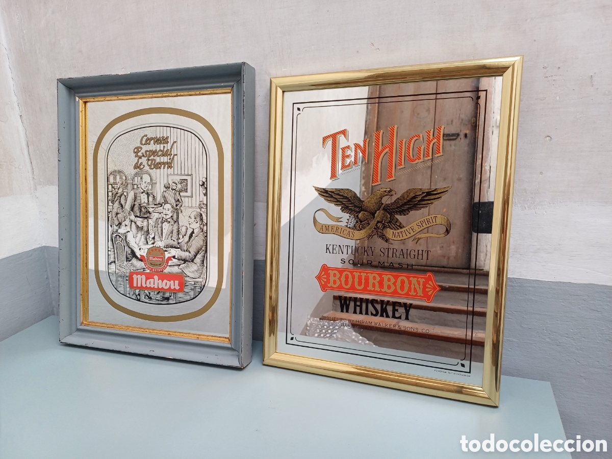 Carteles: 2 Espejos Publicitarios Mahou y Ten High Whisky