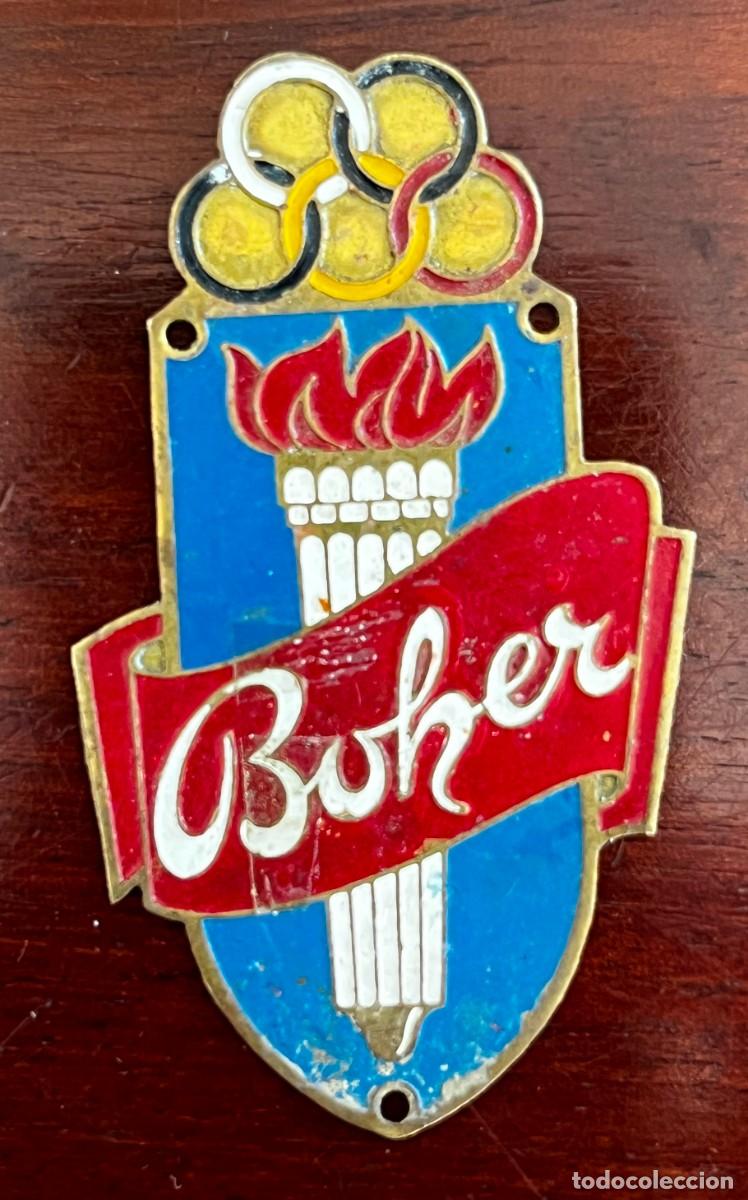 Carteles: Antigua placa esmaltada de bicicleta BOHER, Aros y antorcha ol&iacute;mpica, 6,2 cms