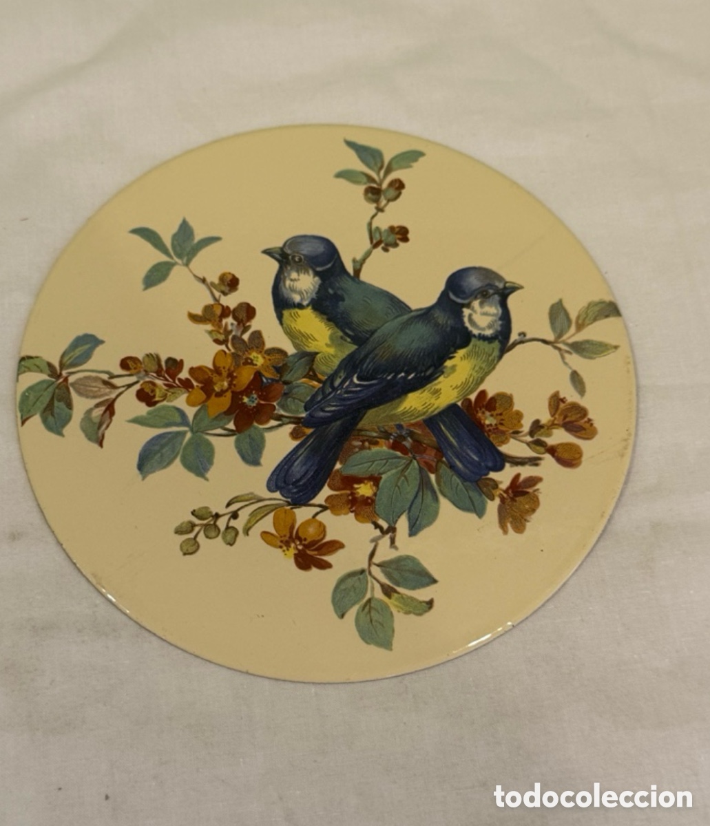 Carteles: Placa decorativa antigua de hierro esmaltado con p&aacute;jaros &ndash; Original a&ntilde;os 50 &ndash; 14 cm di&aacute;metro .