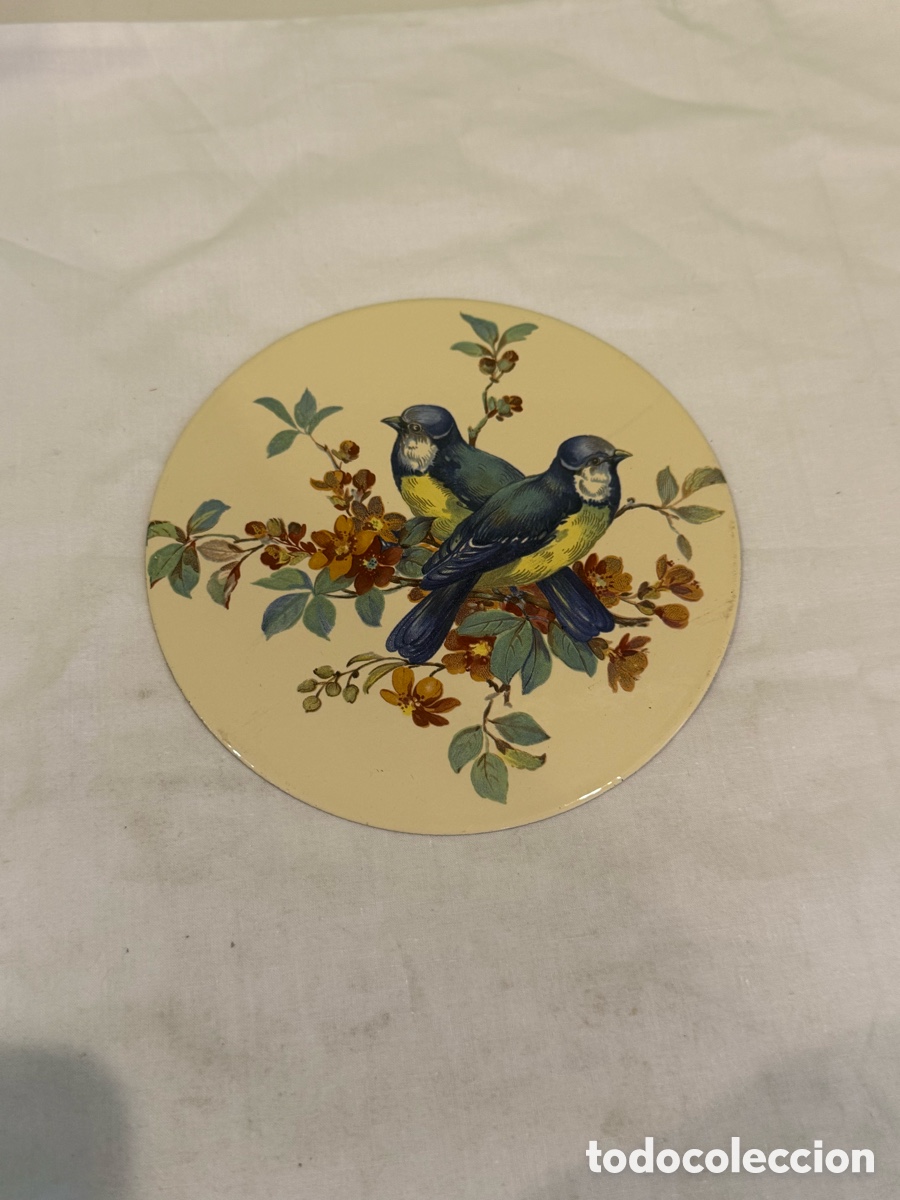 Carteles: Placa decorativa antigua de hierro esmaltado con p&aacute;jaros &ndash; Original a&ntilde;os 50 &ndash; 14 cm di&aacute;metro .