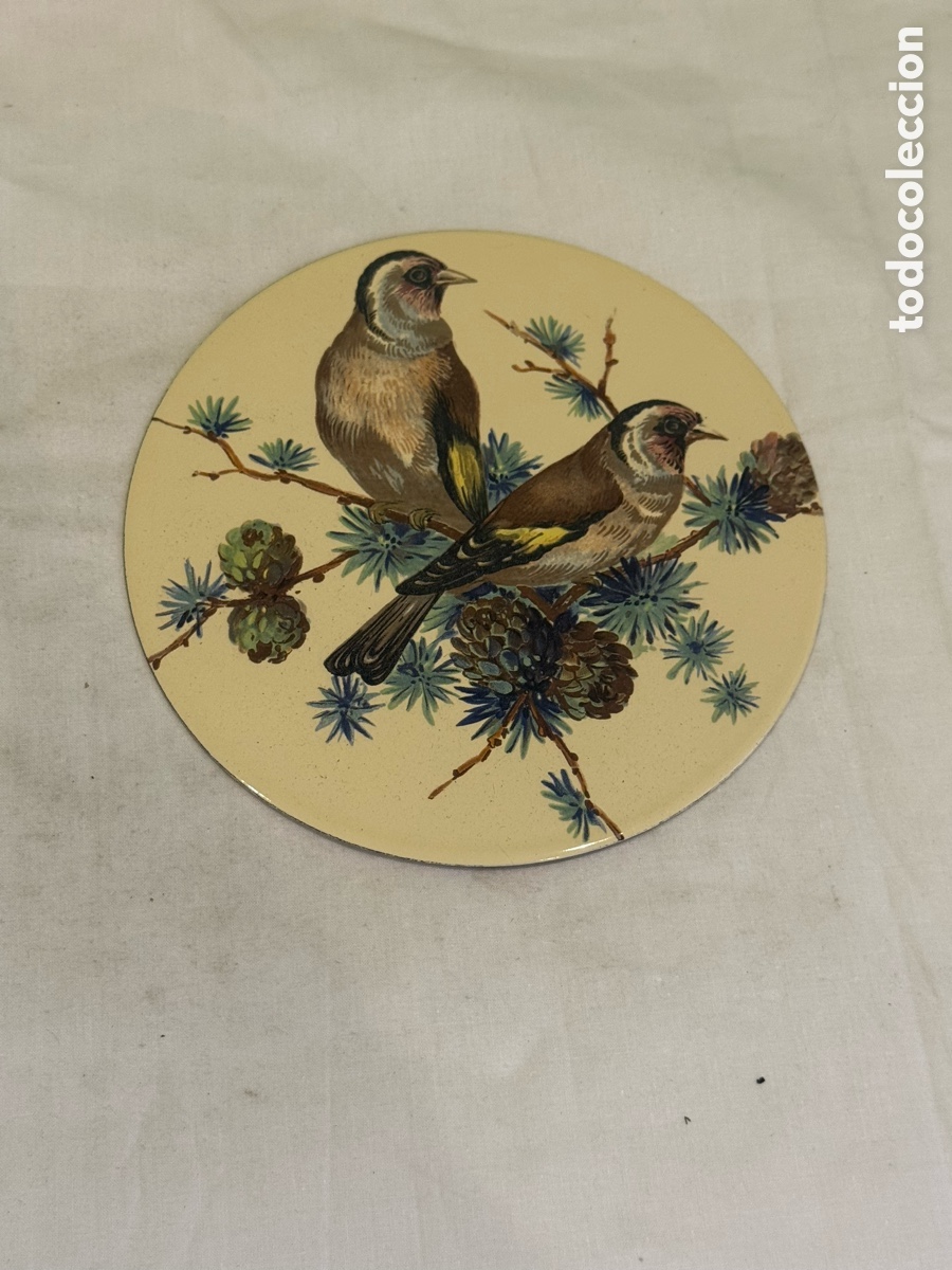 Carteles: Placa decorativa antigua de hierro esmaltado con pareja de jilgueros &ndash; Original a&ntilde;os 50 &ndash; 14 cm