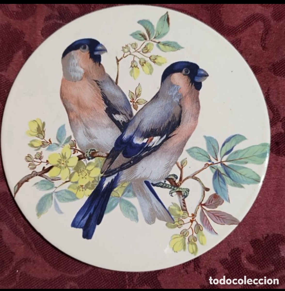 Carteles: Placa decorativa antigua de hierro esmaltado con pareja de camachuelos &ndash; Original a&ntilde;os 50 &ndash; 14 cm